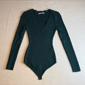 Abercrombie & Fitch Ribbed Teal Green Long Sleeve V Neck Bodysuit Thong Size S
